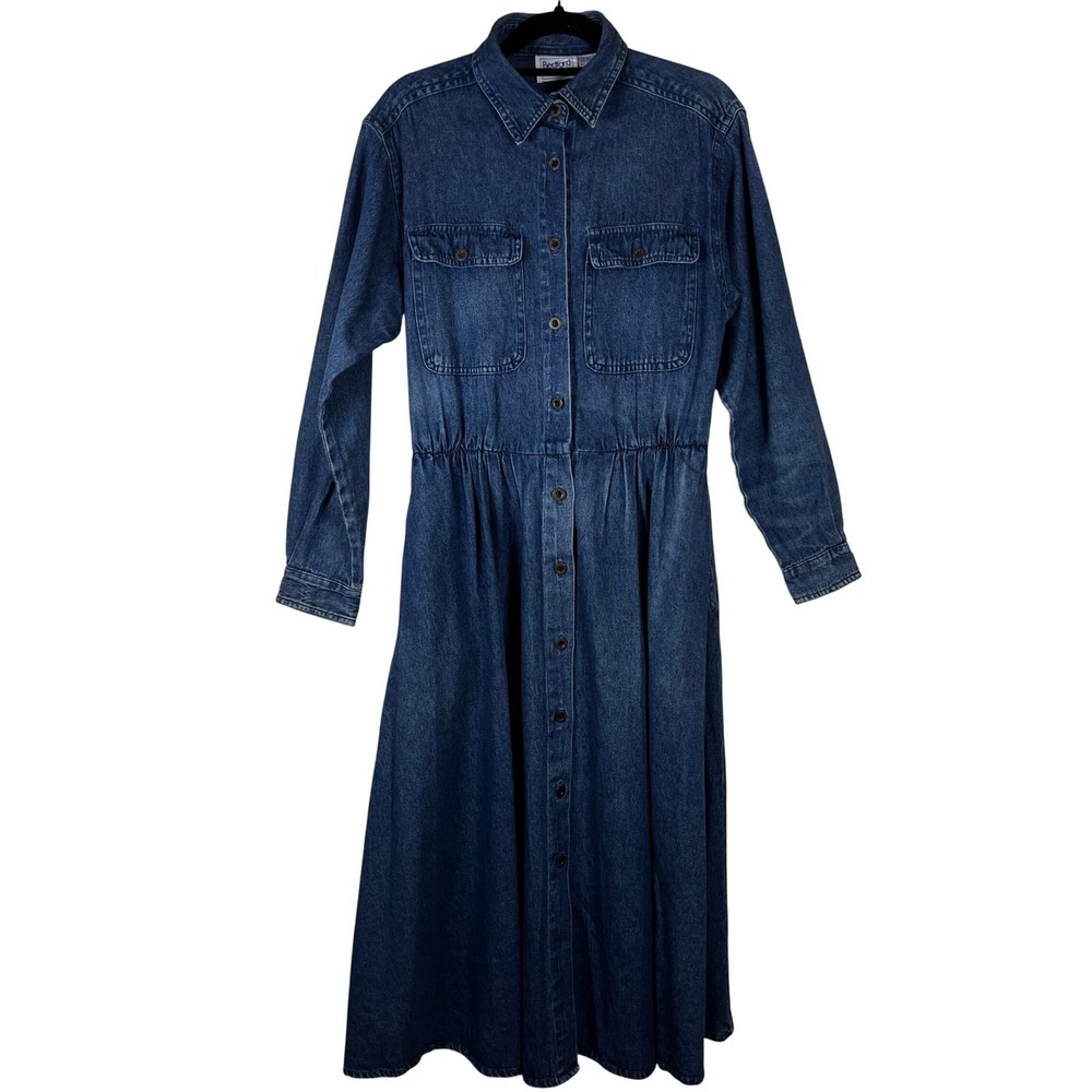 Vtg 90s Bedford Fair Blue Denim Midi Shirt Dress 10P Button Front Cottagecore